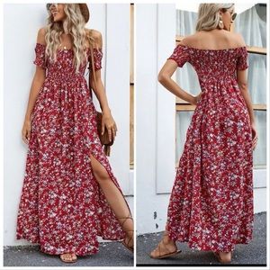 Off Shoulder Ditsy Floral High Split Dress